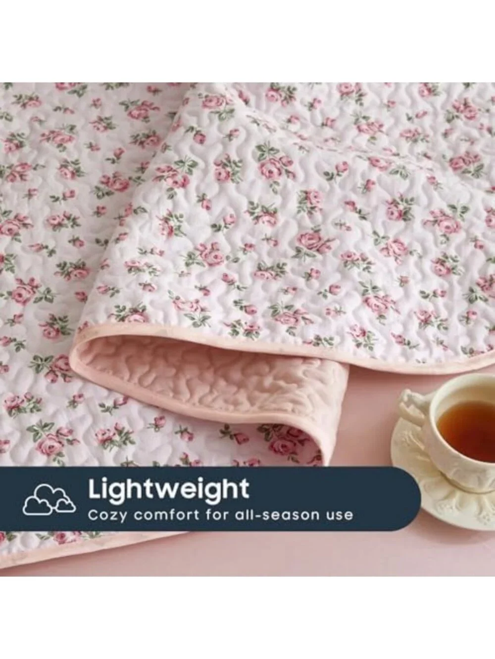 Floral Quilt Set - Cottagecore Shabby Chic Reversible Bedspread, Pink